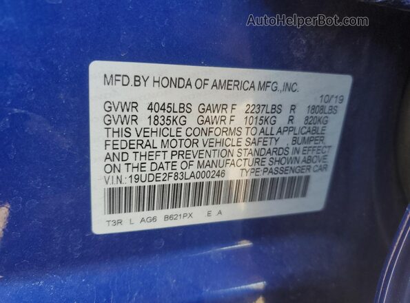 19UDE2F83LA000246 2020 ACURA ILX Blue Widok komory silnika