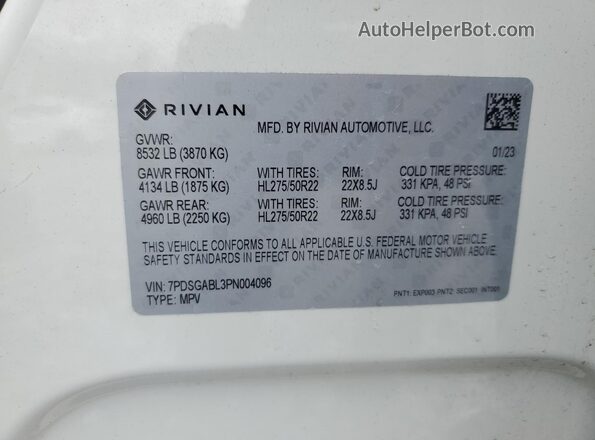 7PDSGABL3PN004096 2023 RIVIAN R1S White VIN კოდის სტიკერის ხედი