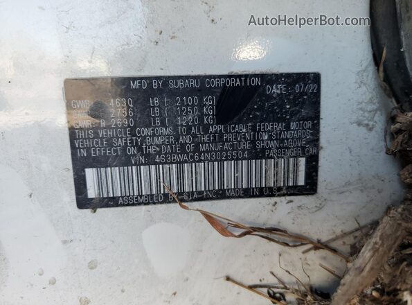 4S3BWAC64N3025504 2022 SUBARU LEGACY Белый 