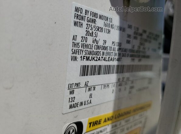 1FMJK2AT4LEA91487 2020 FORD EXPEDITION White Vista de la etiqueta del VIN