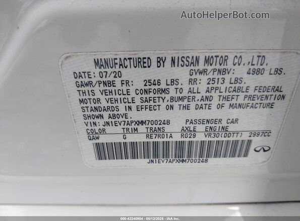 JN1EV7APXMM700248 2021 INFINITI Q50 White ძრავის განყოფილების ხედი