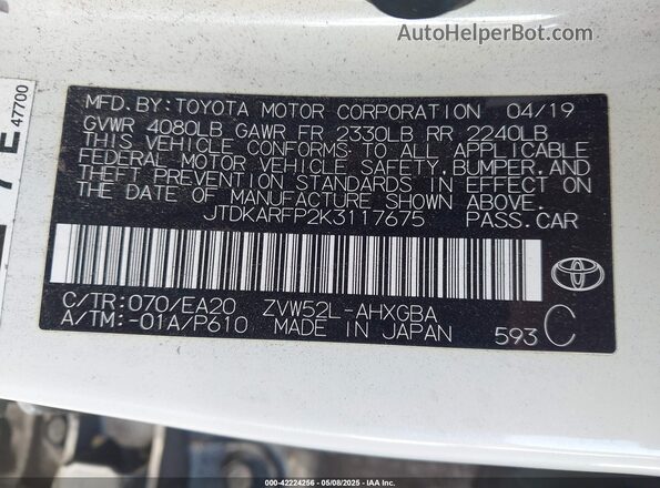JTDKARFP2K3117675 2019 TOYOTA PRIUS PRIME White ძრავის განყოფილების ხედი