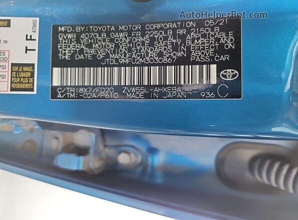 JTDL9MFU2M3030867 2021 TOYOTA LE  