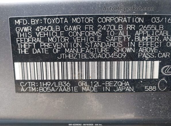 JTHBZ1BL3GA004509 2016 LEXUS GS 350 Gray Vista del compartimento del motor