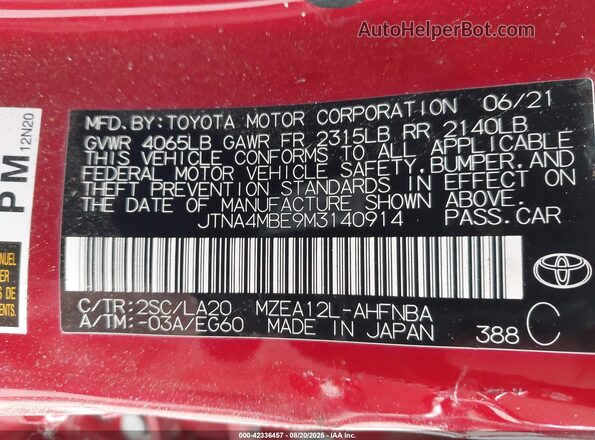 JTNA4MBE9M3140914 2021 TOYOTA LL Red 