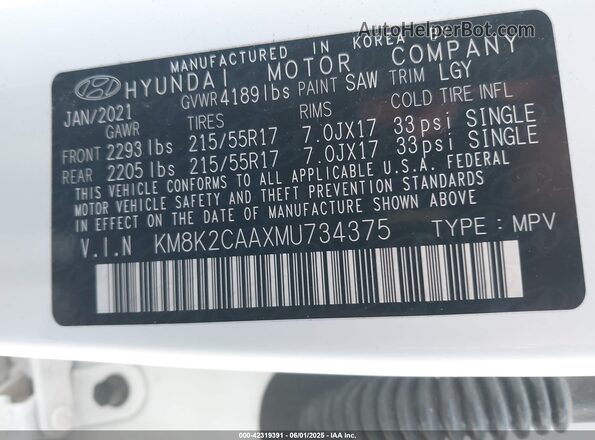 KM8K2CAAXMU734375 2021 HYUNDAI KONA White 