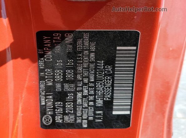 KMHTH6AB5LU021444 2020 HYUNDAI VELOSTER Orange Vista del compartimento del motor