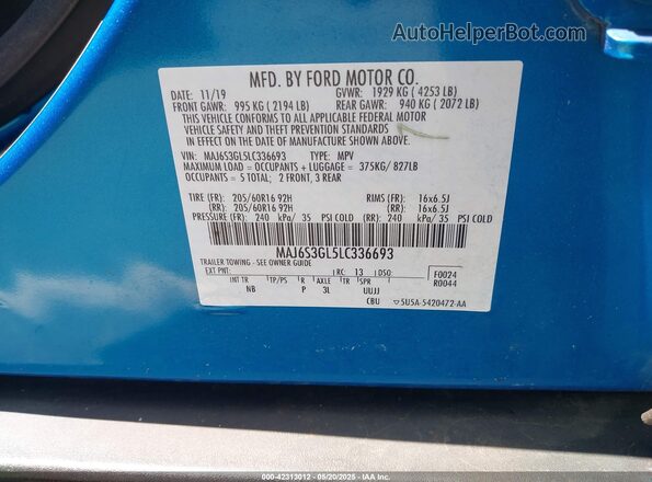 MAJ6S3GL5LC336693 2020 FORD ECOSPORT Blue ძრავის განყოფილების ხედი