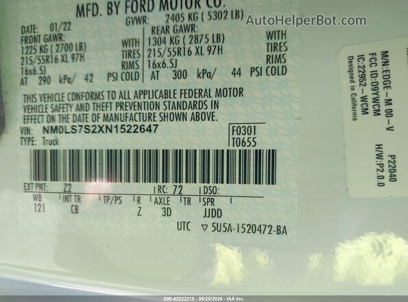 NM0LS7S2XN1522647 2022 FORD TRANSIT CONNECT White Widok komory silnika