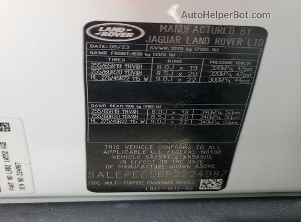 SALEPEEU6P2224987 2023 LAND ROVER DEFENDER White VIN კოდის სტიკერის ხედი