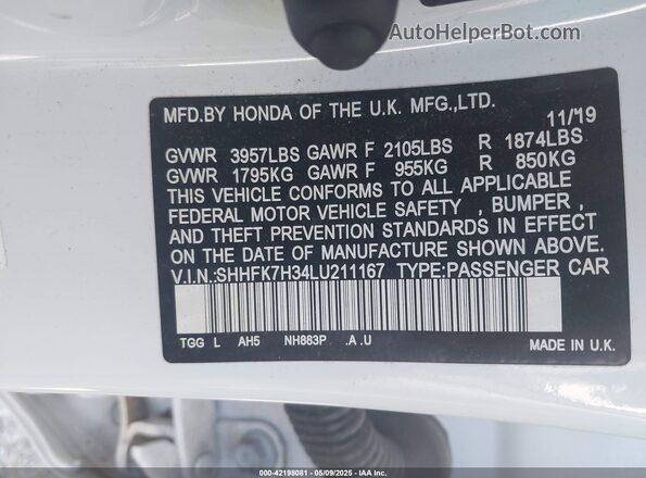 SHHFK7H34LU211167 2020 HONDA CIVIC White Շարժիչի բաժամունքի տեսք