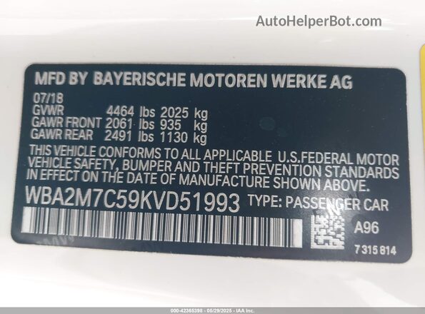 WBA2M7C59KVD51993 2019 BMW 2 SERIES White ძრავის განყოფილების ხედი