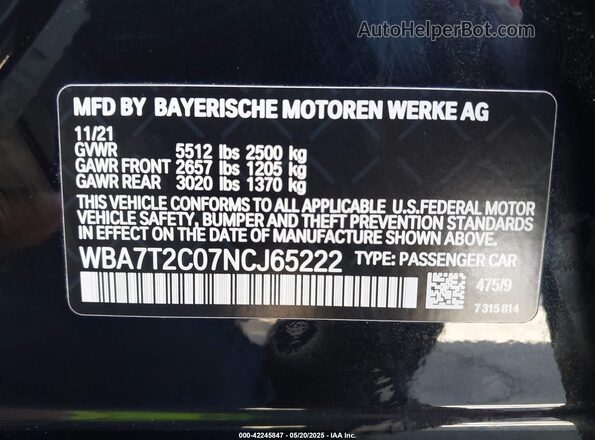 WBA7T2C07NCJ65222 2022 BMW 7 SERIES Black Շարժիչի բաժամունքի տեսք