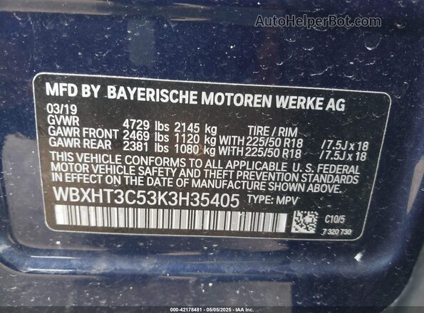 WBXHT3C53K3H35405 2019 BMW X1 Blue 