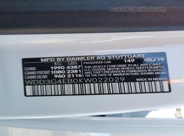 WDD3G4EB0KW022029 2019 MERCEDES-BENZ A White VIN კოდის სტიკერის ხედი