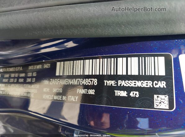 ZARFAMBN4M7648578 2021 ALFA ROMEO GIULIA Blue Вид підкапотного простору