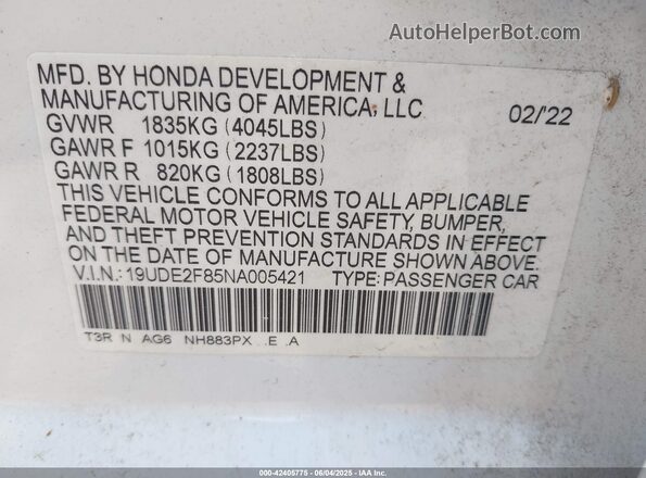 19UDE2F85NA005421 2022 ACURA ILX White 