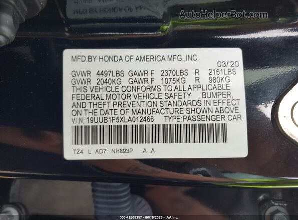 19UUB1F5XLA012466 2020 ACURA TLX Black 