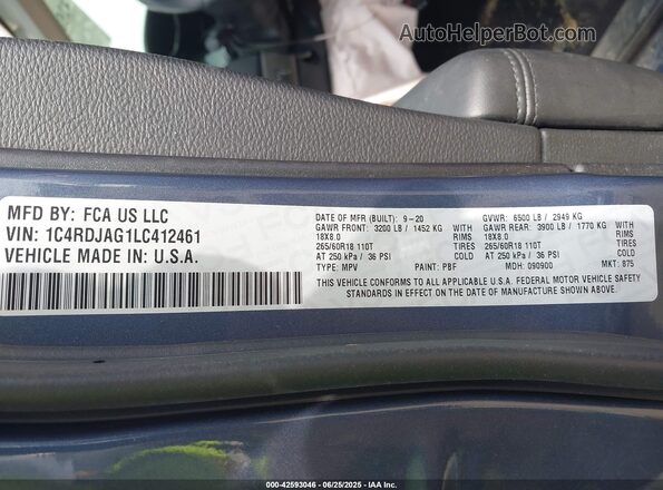 1C4RDJAG1LC412461 2020 DODGE DURANGO Синий Вид подкапотного пространства