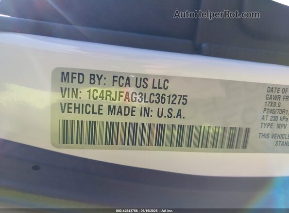 1C4RJFAG3LC361275 2020 JEEP GRAND CHEROKEE White Вид підкапотного простору