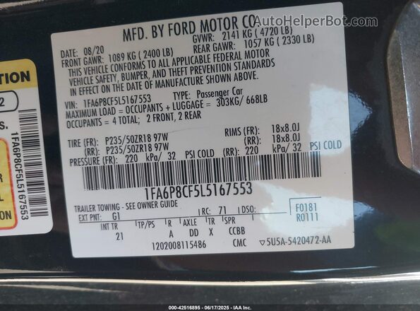 1FA6P8CF5L5167553 2020 FORD MUSTANG Черный Вид подкапотного пространства