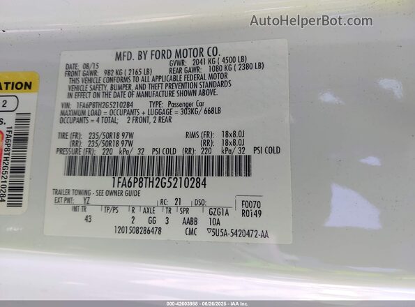 1FA6P8TH2G5210284 2016 FORD MUSTANG White Widok komory silnika