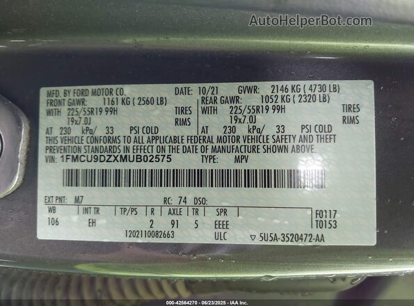 1FMCU9DZXMUB02575 2021 FORD ESCAPE Gray Engine compartment view
