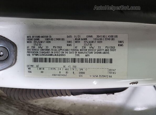 1FMCU9G64MUA92093 2021 FORD ESCAPE  Панорамний вид салону 360°