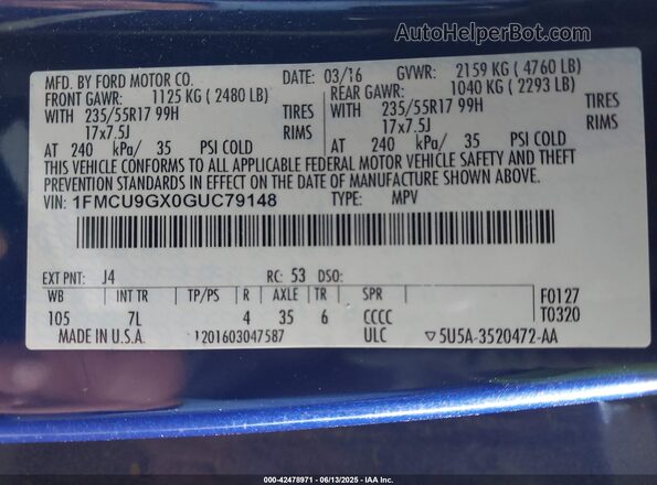 1FMCU9GX0GUC79148 2016 FORD ESCAPE Синий Вид подкапотного пространства