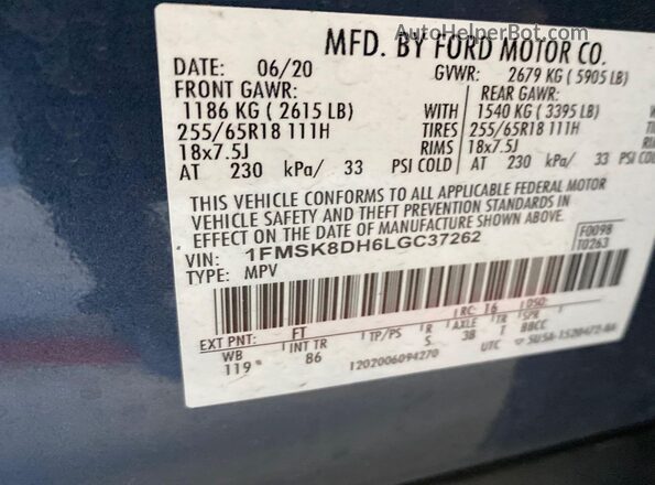 1FMSK8DH6LGC37262 2020 FORD FORD EXPLORER  წინა სალონის ხედი