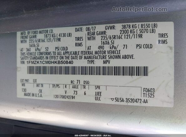 1FMZK1CM0HKB50840 2017 FORD TRANSIT Silver 