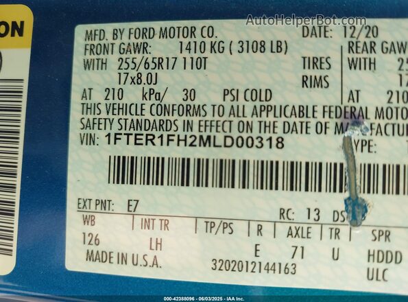 1FTER1FH2MLD00318 2021 FORD RANG Blue Շարժիչի բաժամունքի տեսք