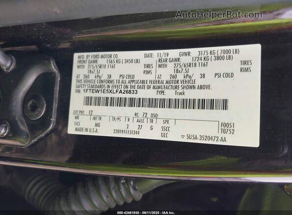1FTEW1E5XLFA26833 2020 FORD F150 Black Շարժիչի բաժամունքի տեսք