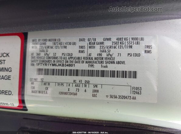 1FTYR1YM6JKB34801 2018 FORD TRANSIT VAN White Вид підкапотного простору