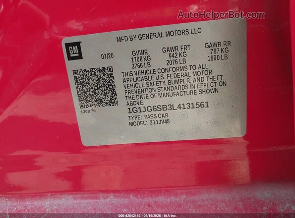 1G1JG6SB3L4131561 2020 CHEVROLET SONIC Red 