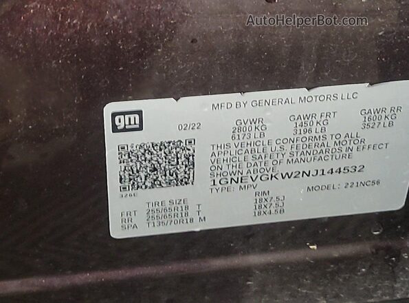 1GNEVGKW2NJ144532 2022 CHEVROLET TRAVERSE  Передняя левая четверть