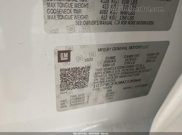 1GTP8CEK5MZ136564 2021 GMC SIERRA White Շարժիչի բաժամունքի տեսք