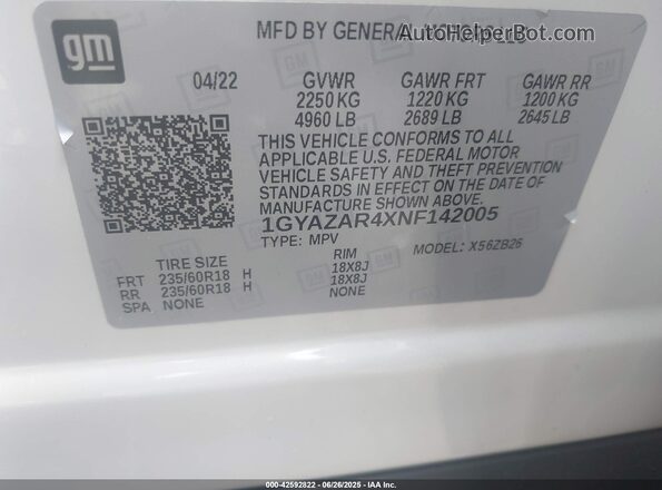 1GYAZAR4XNF142005 2022 CADILLAC XT4 White 