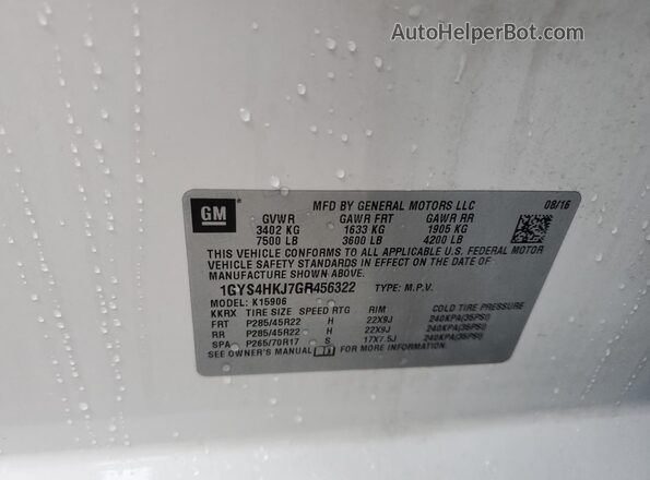 1GYS4HKJ7GR456322 2016 CADILLAC ESCALADE White Widok naklejki z numerem VIN