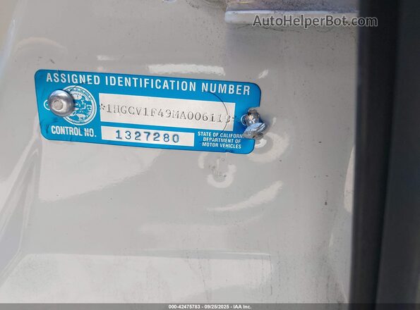1HGCV1F49MA006119 2021 HONDA ACCORD White Widok komory silnika