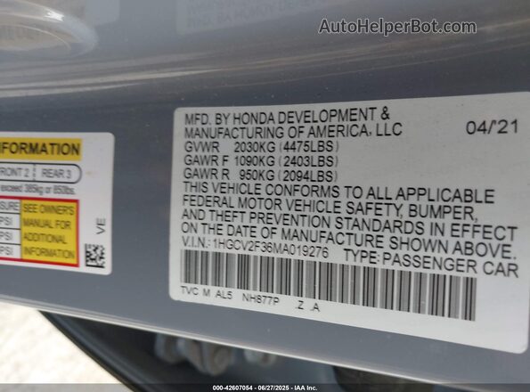 1HGCV2F36MA019276 2021 HONDA ACCORD Light Blue Engine compartment view