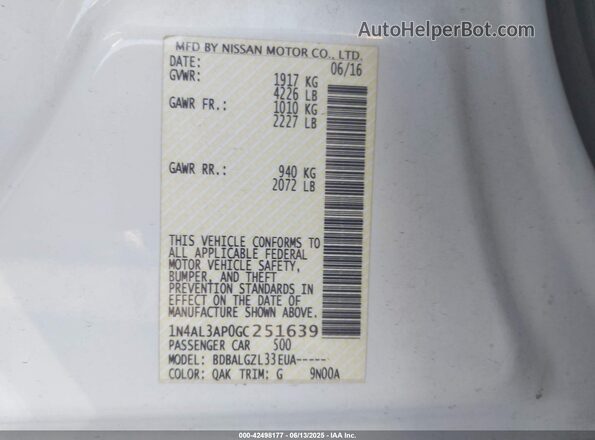 1N4AL3AP0GC251639 2016 NISSAN ALTIMA White Вид підкапотного простору