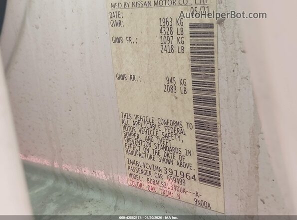 1N4BL4CV1MN391964 2021 NISSAN ALTIMA White Vista del compartimento del motor