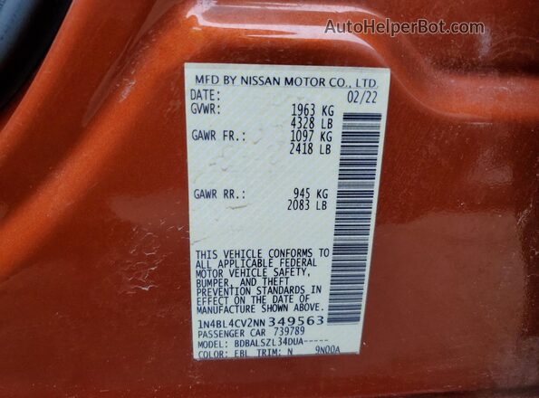 1N4BL4CV2NN349563 2022 NISSAN ALTIMA Orange 