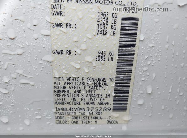 1N4BL4CV8MN375289 2021 NISSAN ALTIMA White Engine compartment view