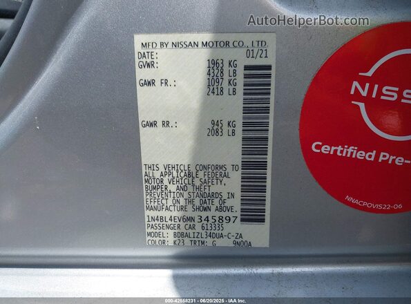 1N4BL4EV6MN345897 2021 NISSAN ALTIMA Silver ძრავის განყოფილების ხედი