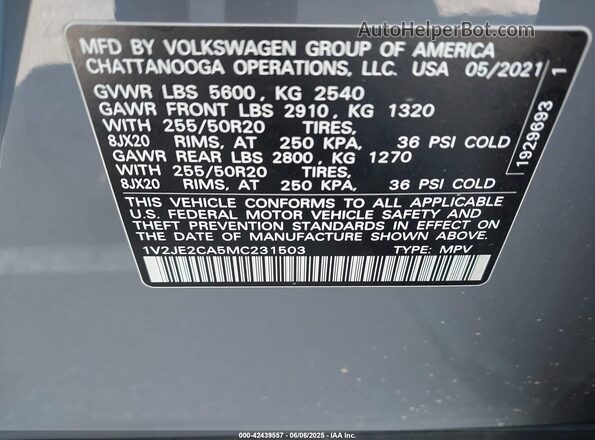 1V2JE2CA5MC231503 2021 VOLKSWAGEN ATLAS Gray Շարժիչի բաժամունքի տեսք