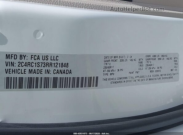 2C4RC1S73RR121848 2024 CHRYSLER PACIFICA White Vista del compartimento del motor