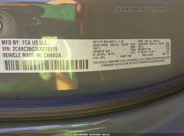 2C4RC3BG3LR278119 2020 CHRYSLER PACIFICA Gray Vista del compartimento del motor