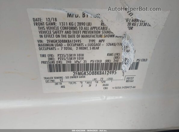 2FMGK5D88KBA12495 2019 FORD FLEX White Շարժիչի բաժամունքի տեսք